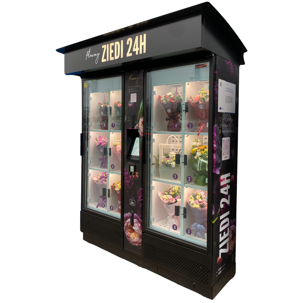 Floway viedais ziedu tirdzniecības automāts ar svaigiem pušķiem ūdens rezervuāros, pieejams 24 stundas diennaktī