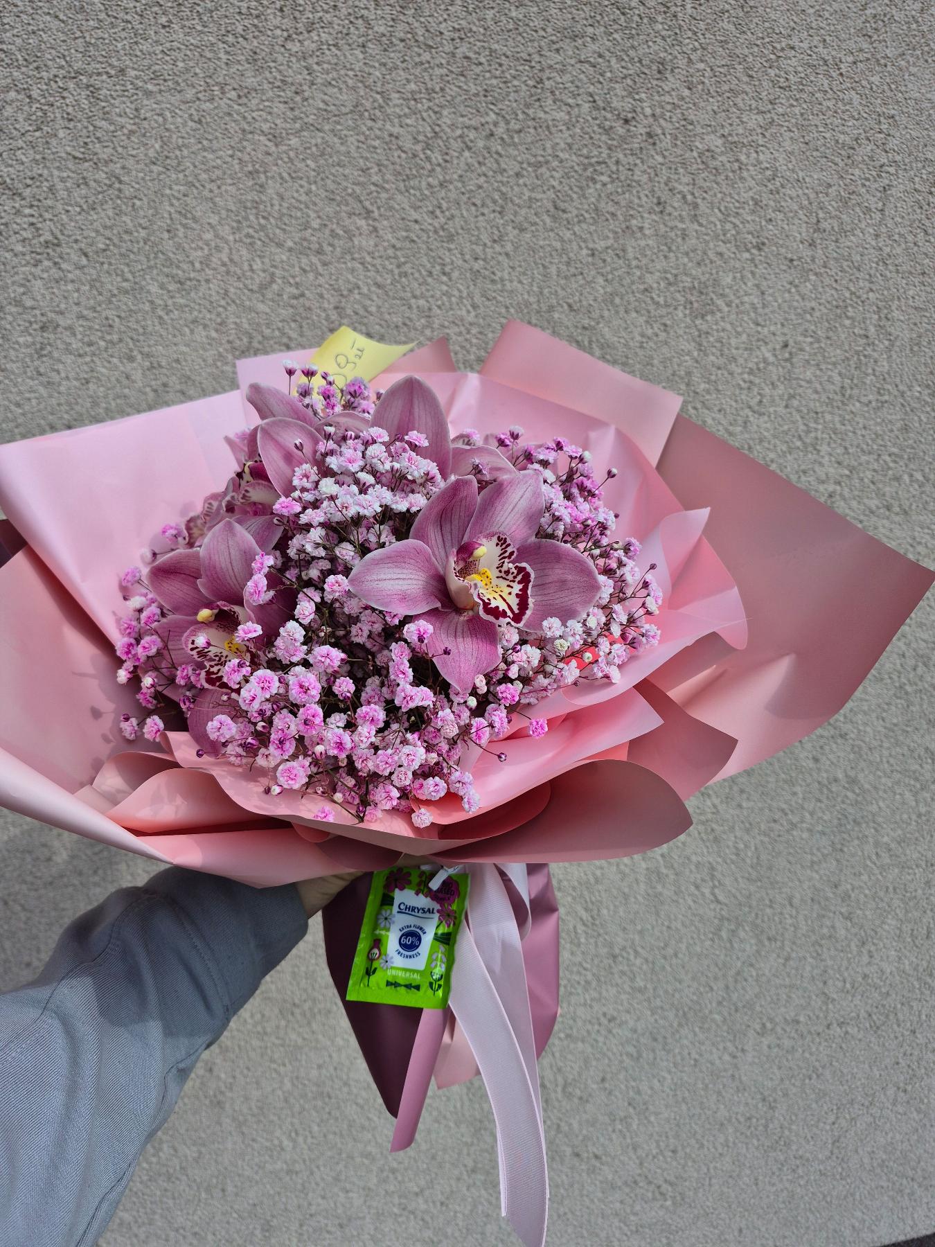 Bukiet różowy storczyk z gipsówk...